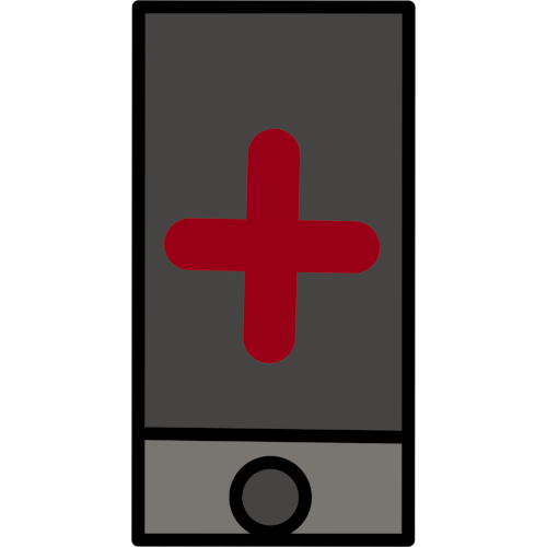  drawing of a black phone with a dark grey screen on the screen is a large Red Cross. The phone has a dark grey circular button on the bottom of the screen in a light grey rectangle